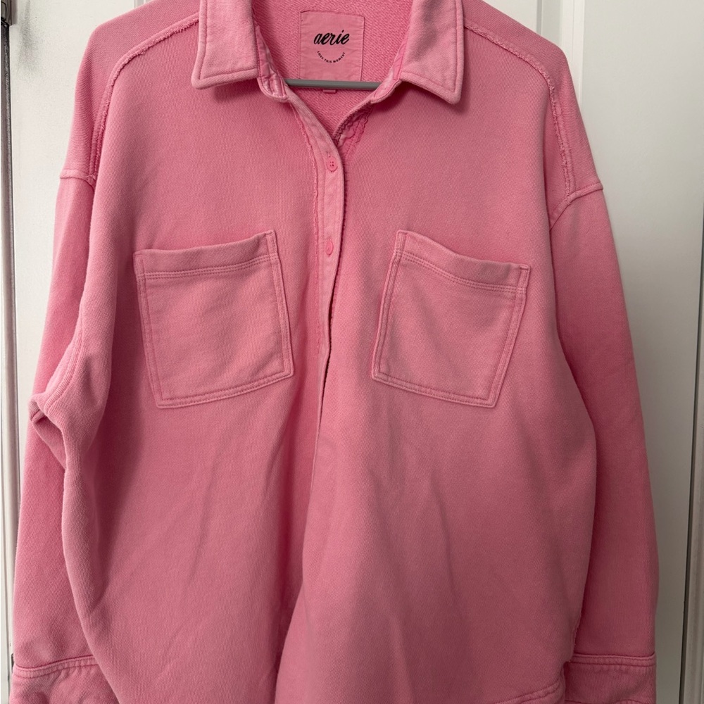 Aerie Pink Button Down French Terry Oversized Collared SweatShirt